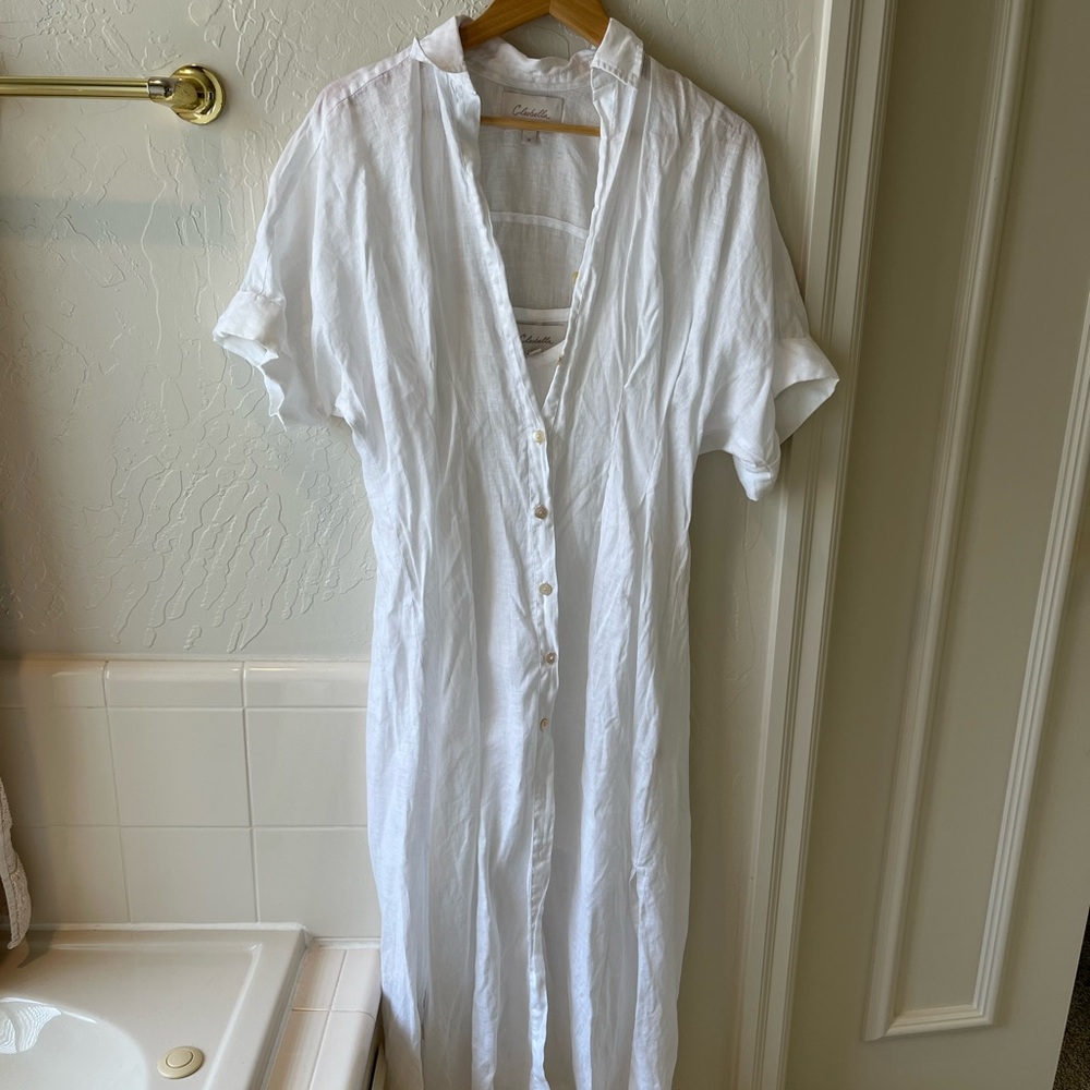 Cleobella 100% White Linen Short-Sleeve Button-Down Shirt Dress resort wear